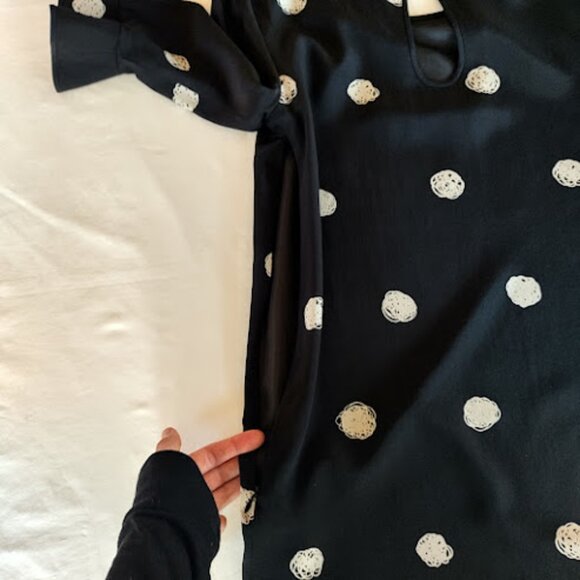 KATE SPADE Silk Polka Dot Black + Cream Shift Dress 3/4 Bell Sleeve Mod Retro 2 - Picture 9 of 15